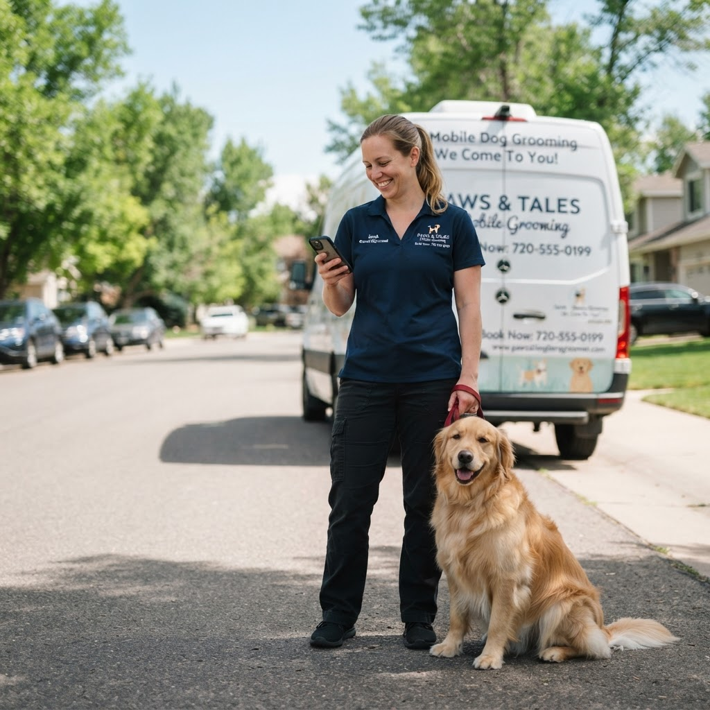 A mobile dog groomer checking a new booking notification on her phone beside her grooming van and a freshly groomed golden retriever
