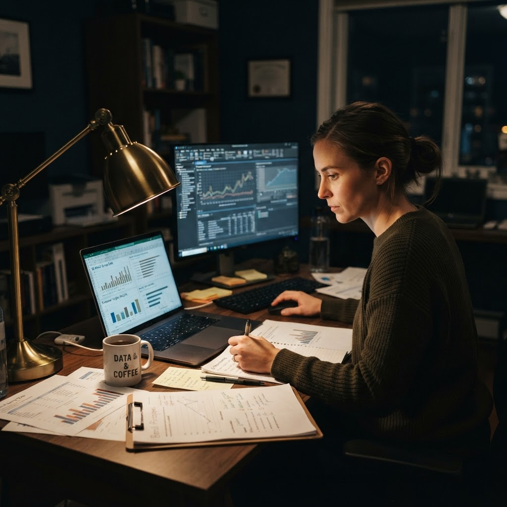 Research analyst reviewing study data at a desk